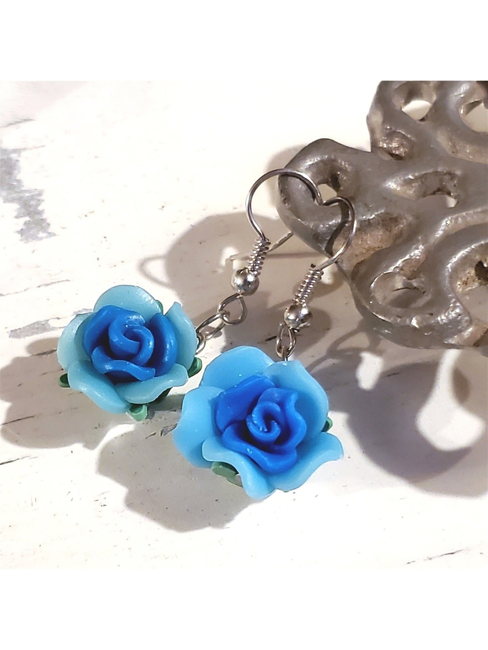 Handcrafted Fimo Polymer Clay Blue Rose Flower Bead Dangle Earrings
